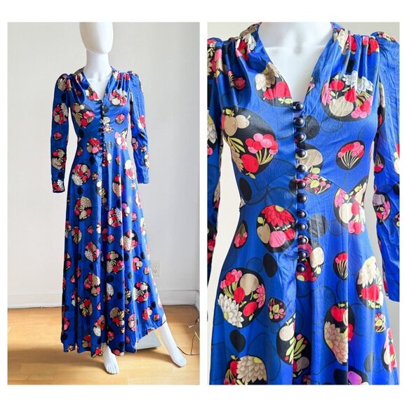 Joyce Palmer Vintage 70s Colourful Floral Print Maxi Dress S - Picture 1 of 10